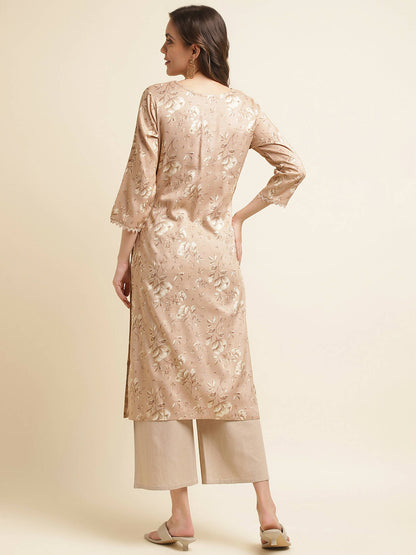 Beige Poly Rayon Floral Printed Straight Kurta - Prasuti - Distacart