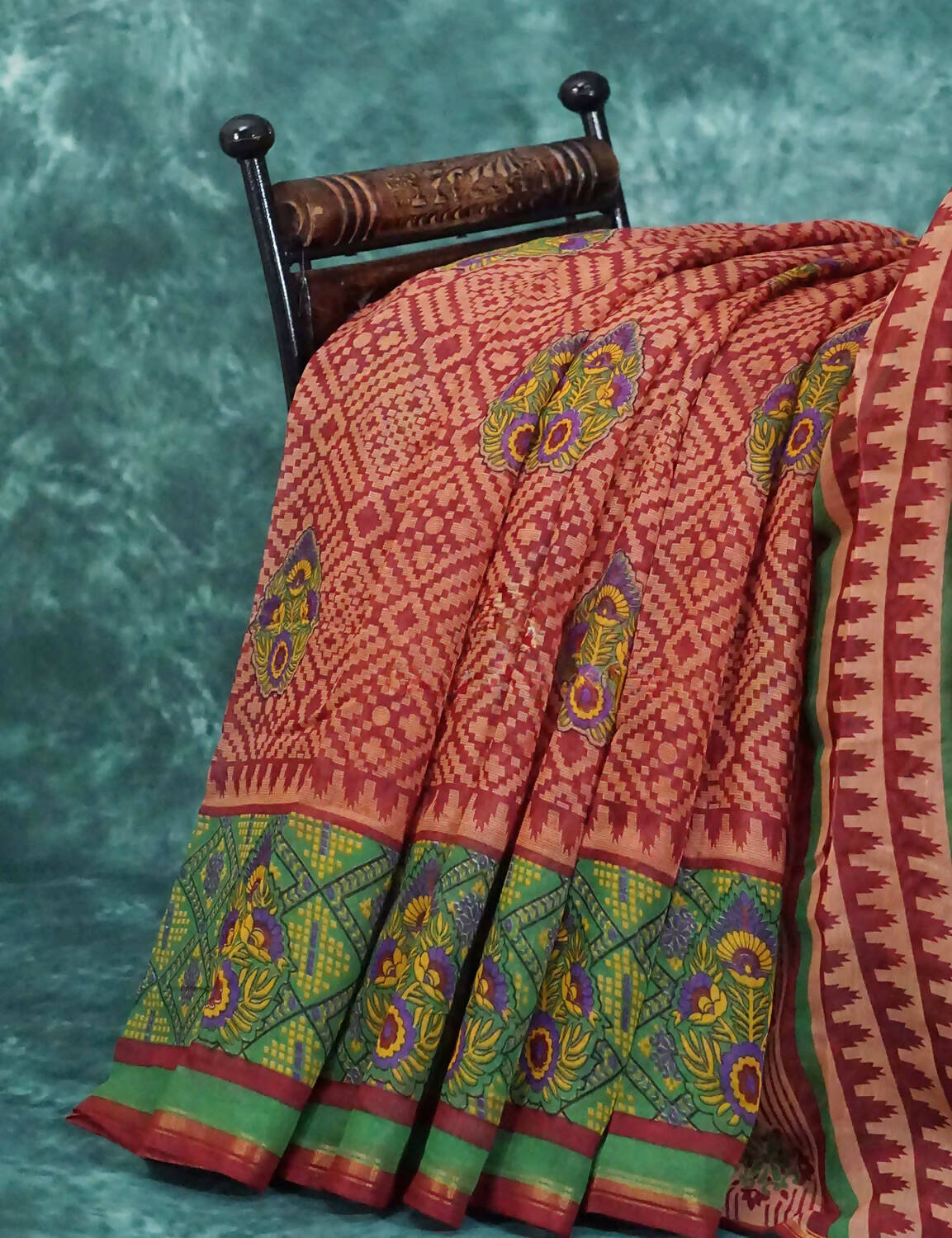 Mix of Orange and Teracotta Red Printed Semi Chanderi Saree By Gayathri Reddy Designer Studio - Distacart