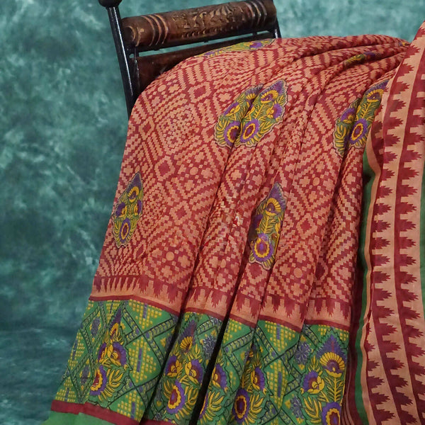 Mix of Orange and Teracotta Red Printed Semi Chanderi Saree By Gayathri Reddy Designer Studio - Distacart