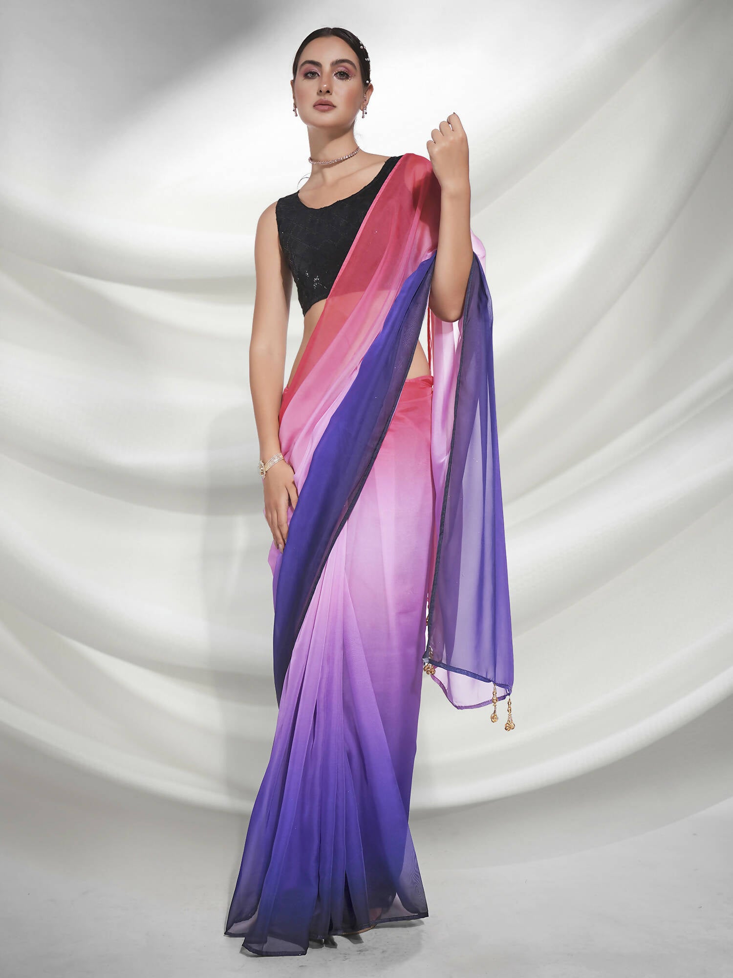 Purple Organza Solid Saree With Unstitched Blouse Piece - Shanaya - Distacart