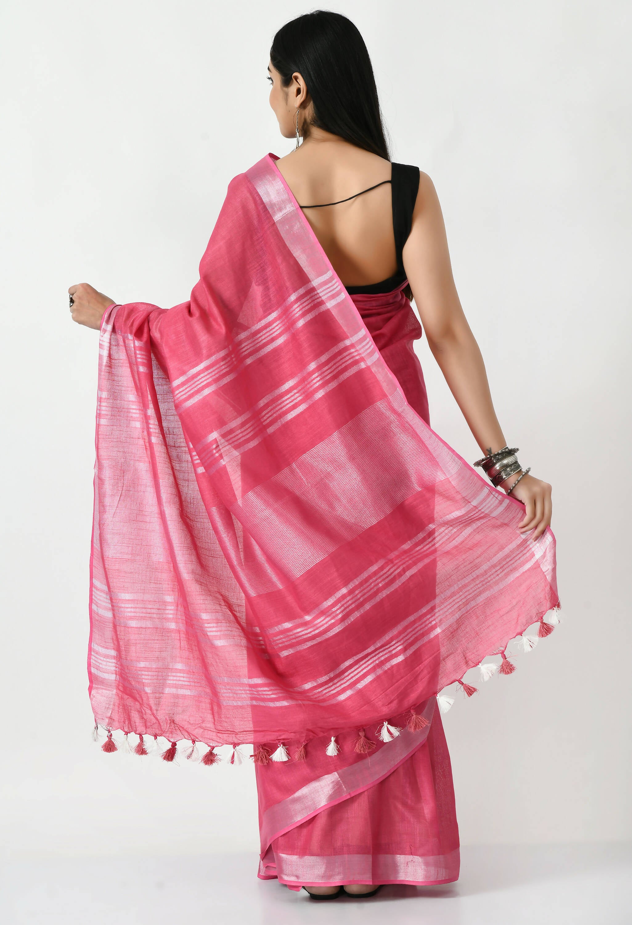 Mominos Fashion Moeza Pink Bhagalpuri Handloom Silk Linen Saree with unstitched Blouse piece - Distacart