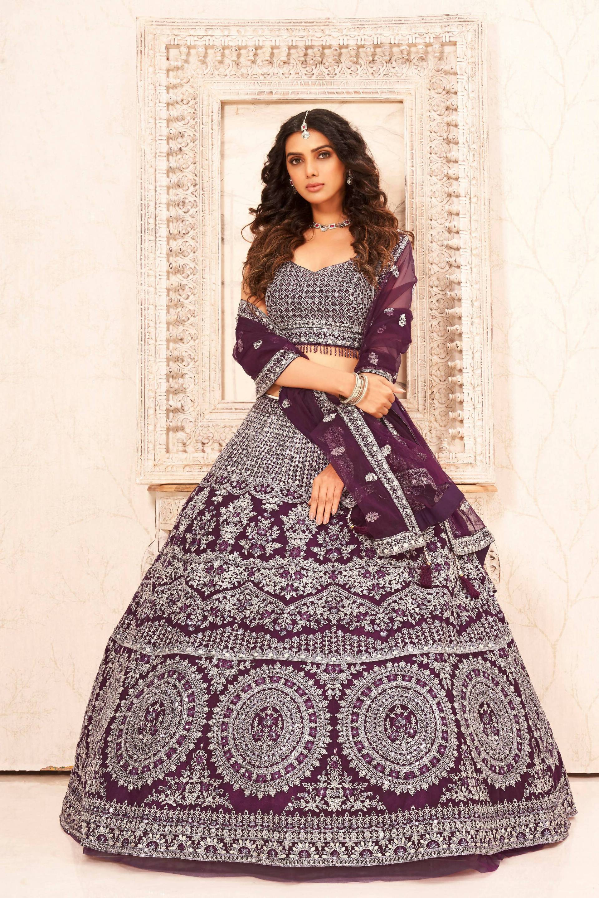 Purple Soft Net Embroidery sequence work Lehenga Choli with Dupatta - Dhvani - Distacart