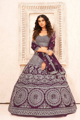 Purple Soft Net Embroidery sequence work Lehenga Choli with Dupatta - Dhvani - Distacart