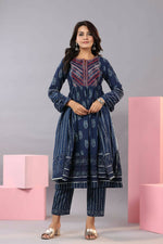 Thumbnail for Juniper Women Indigo Cotton Cambric Batik texture Printed Kurta, Pants and Dupatta Set - Distacart