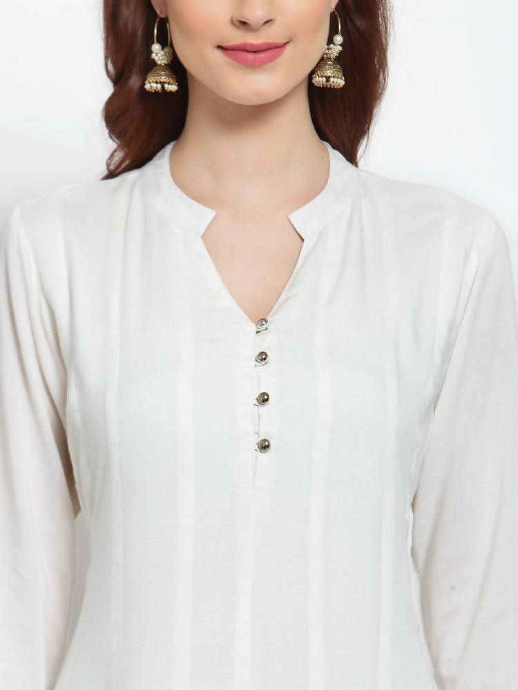 Myshka Women's White Solid Rayon Full Sleeve V Neck Casual Kurta Dupatta Set
