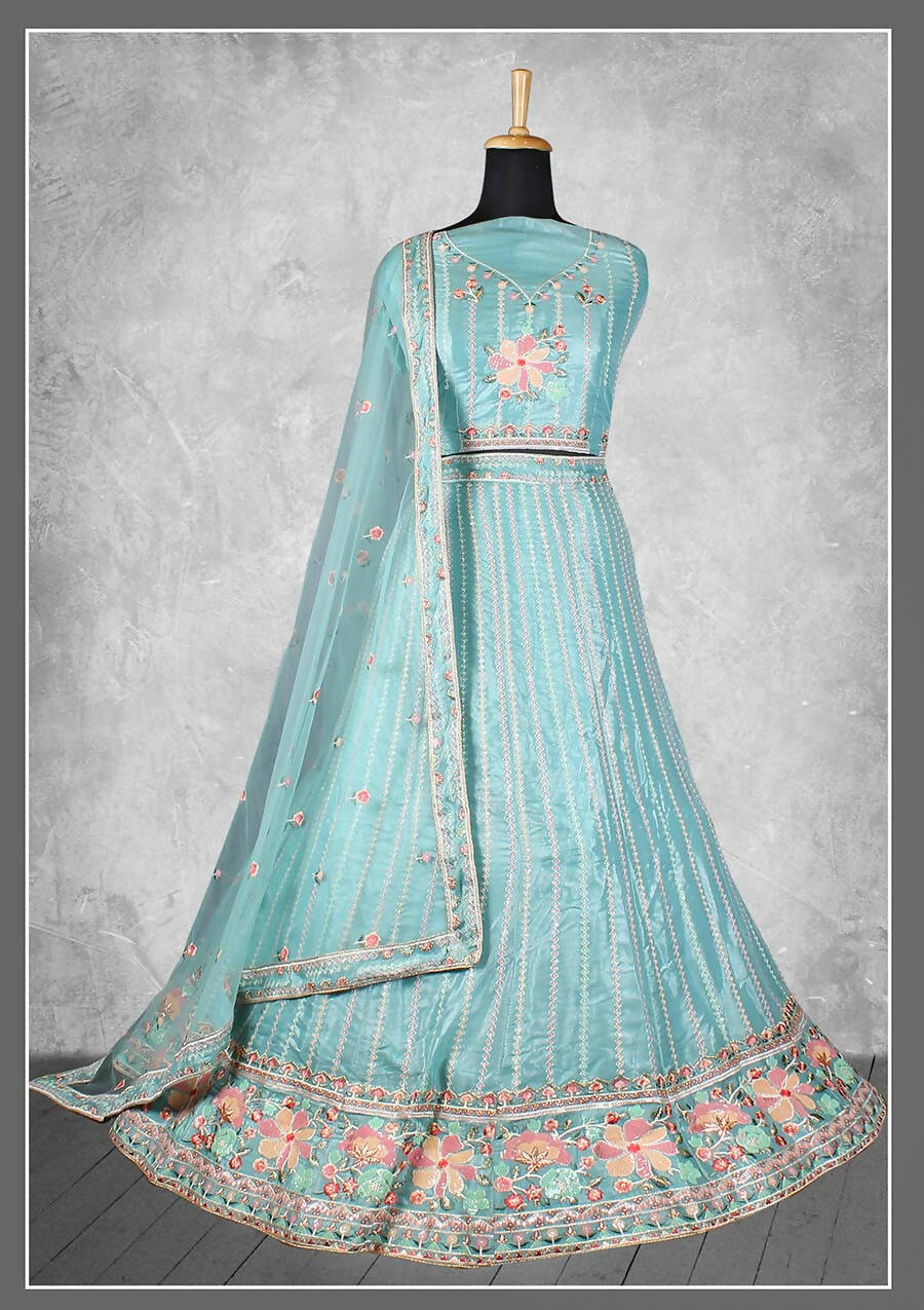 Sky Blue Georgette Embroidery & Sequence Work Semi-Stitched Lehenga Choli - Nimaya Kangan - Distacart