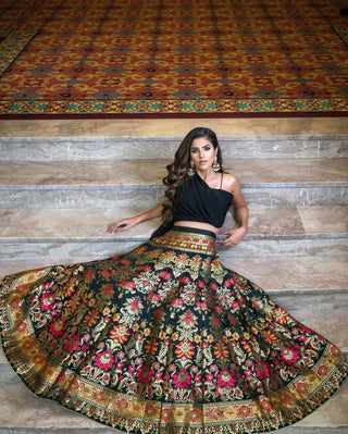 InfinitySaree Black Banarasi Silk Lehenga Choli for Women, Ready to Wear Stitched Lengha Choli for Party - Distacart