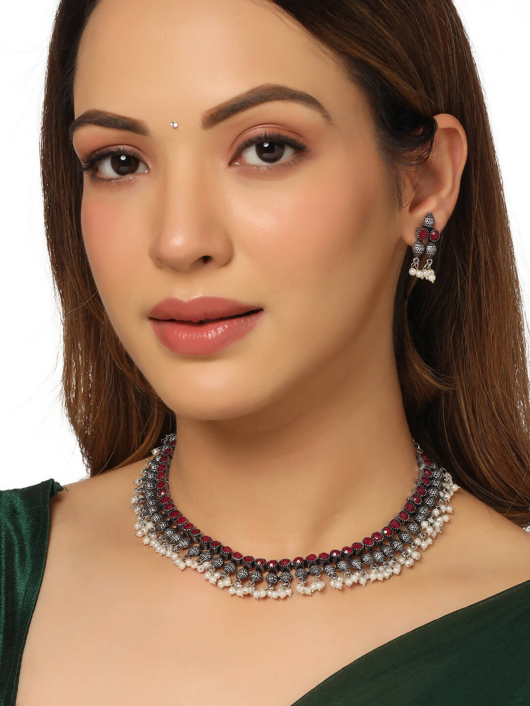 NVR Women Silver-Plated Stone Studded Oxidised Silver Jewellery Set - Distacart