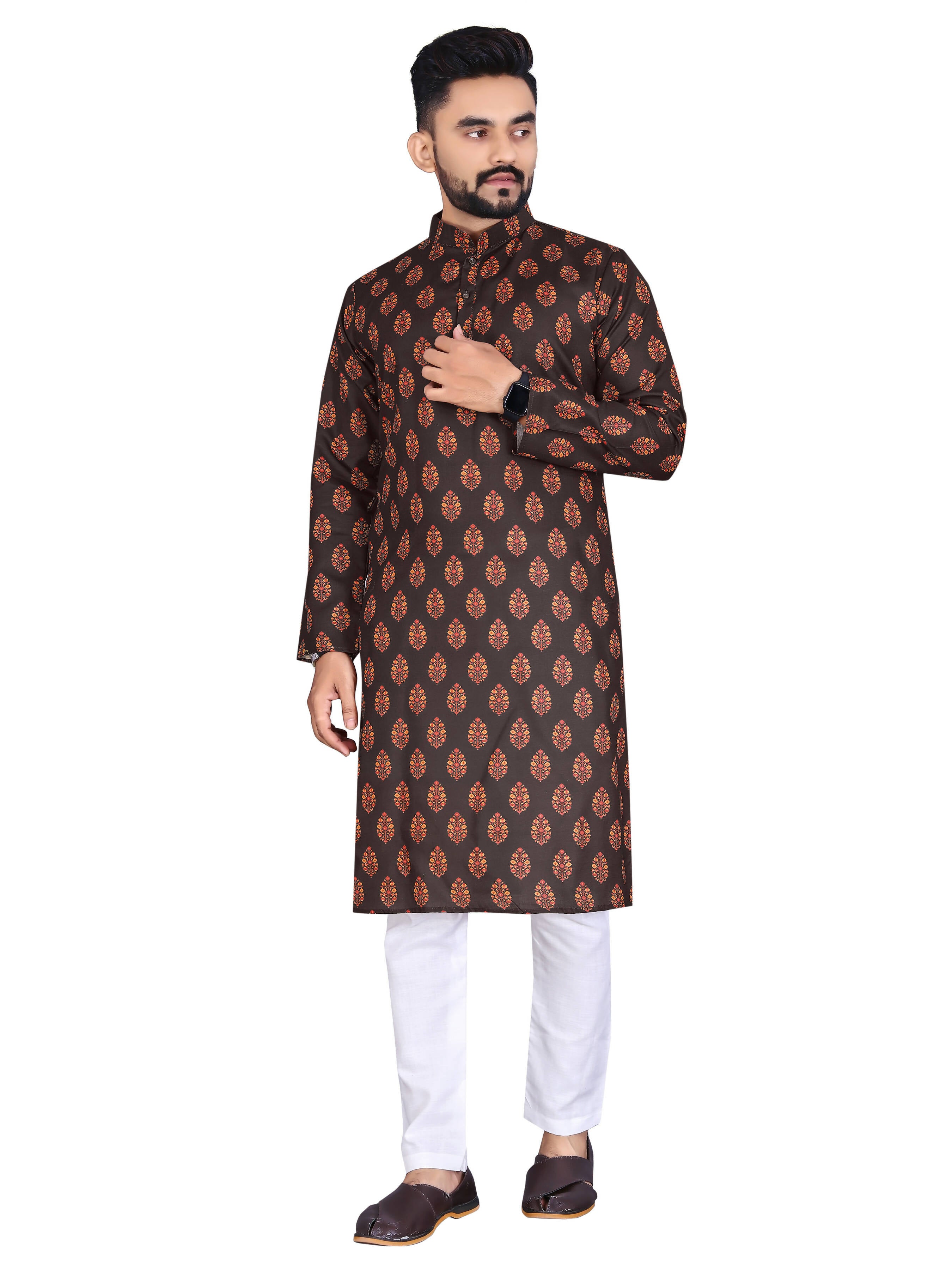 Mens Brown Cotton Printed Kurta - Mahotsav - Distacart
