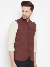 Thumbnail for Even Apparels Maroon Merino Men Woven Nehru Jacket - Distacart