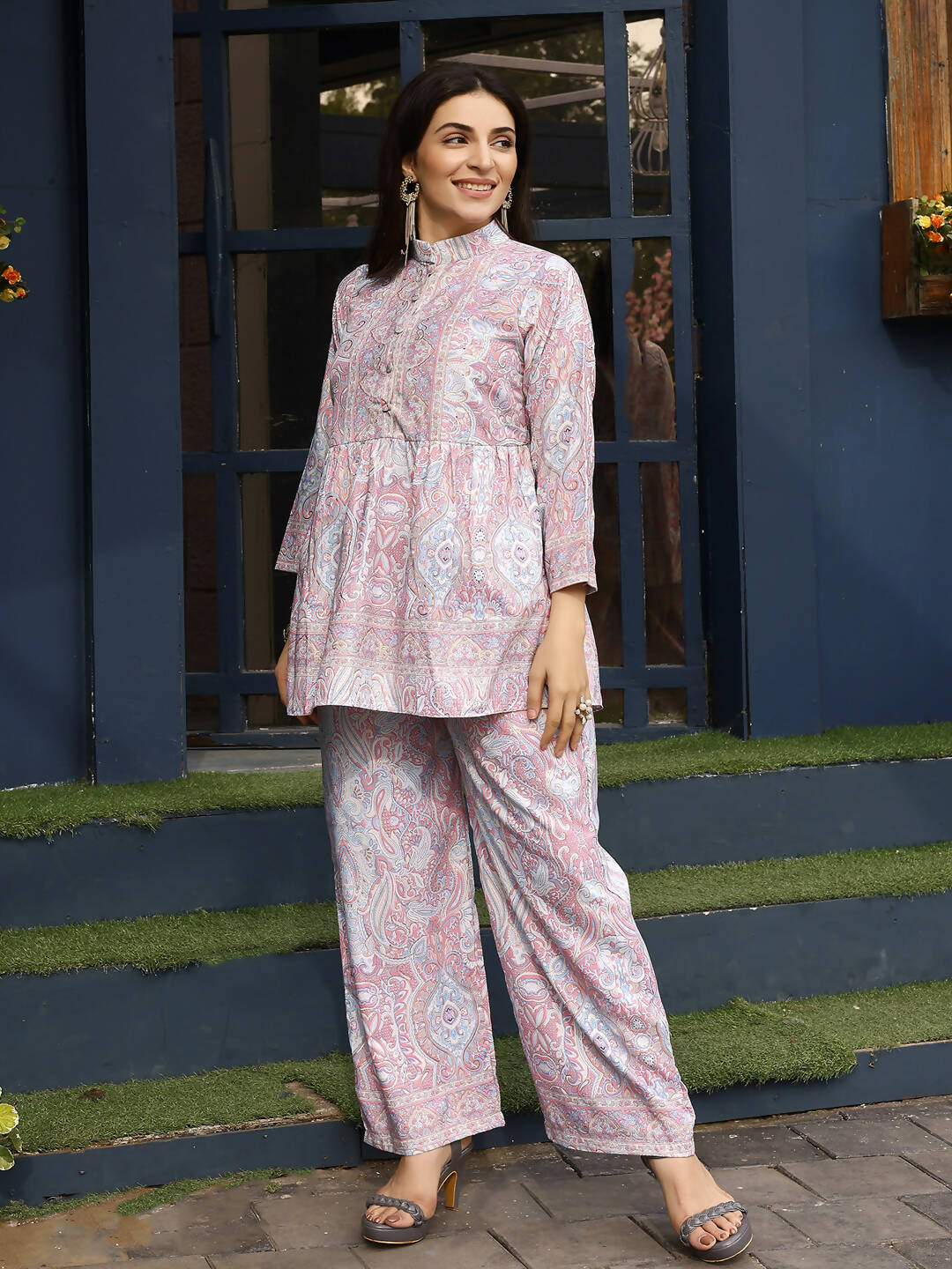 Light Pink Rayon Floral Printed Top with Matching Bottom - Eesha - Distacart
