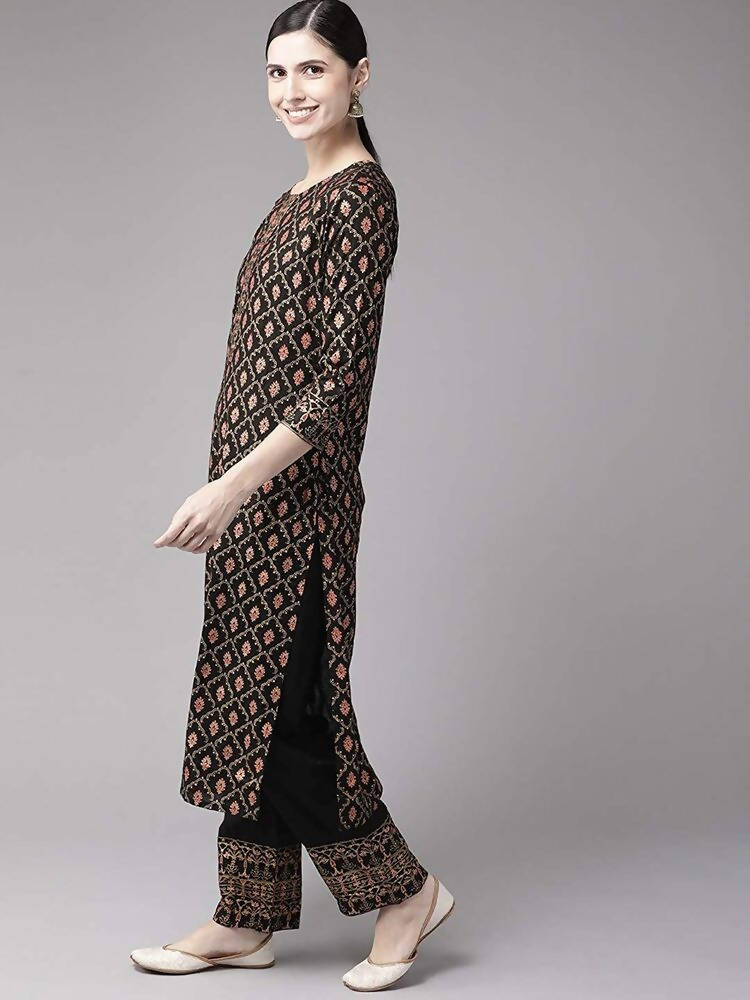 Yufta Women Black & Golden Handblock Printed Kurta with Trouser