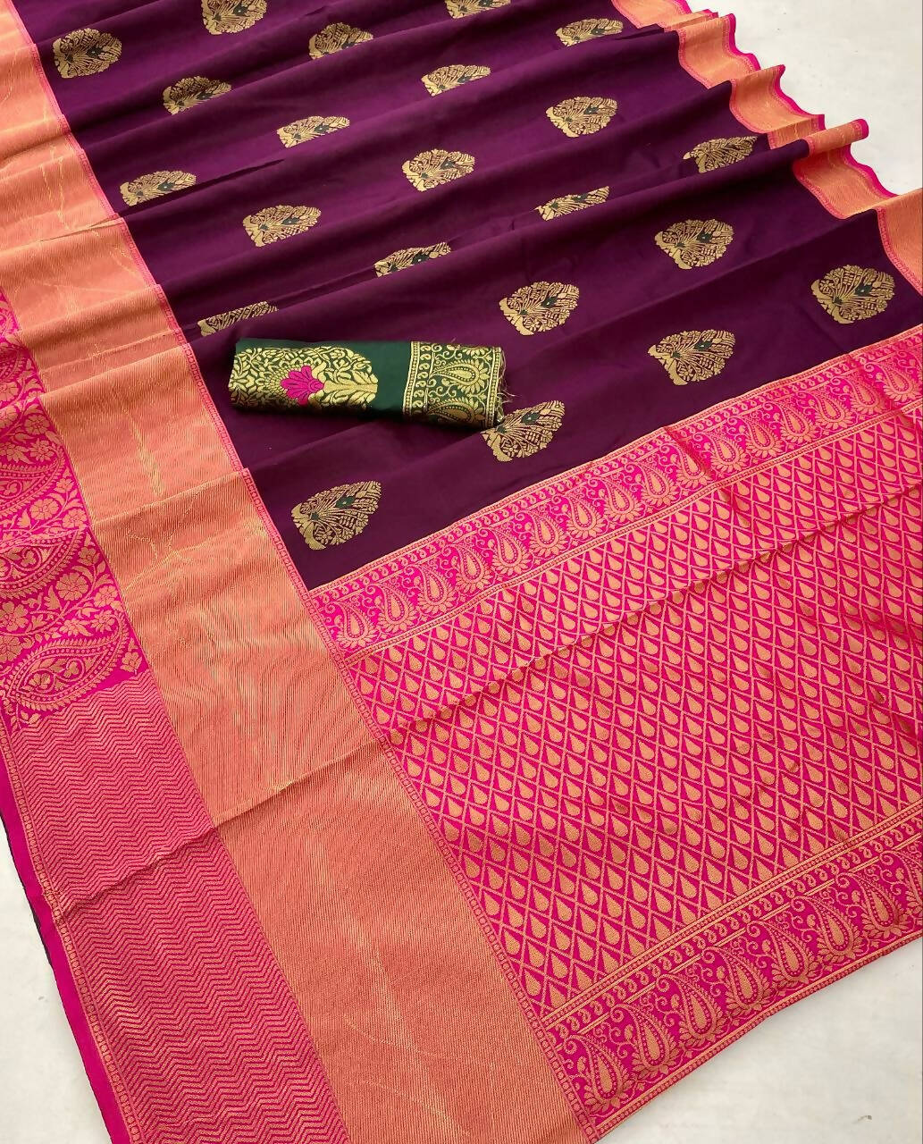 DEIANA'S Beautiful Golden Jari with New Design Soft Lichi Silk Saree - Wine - Distacart