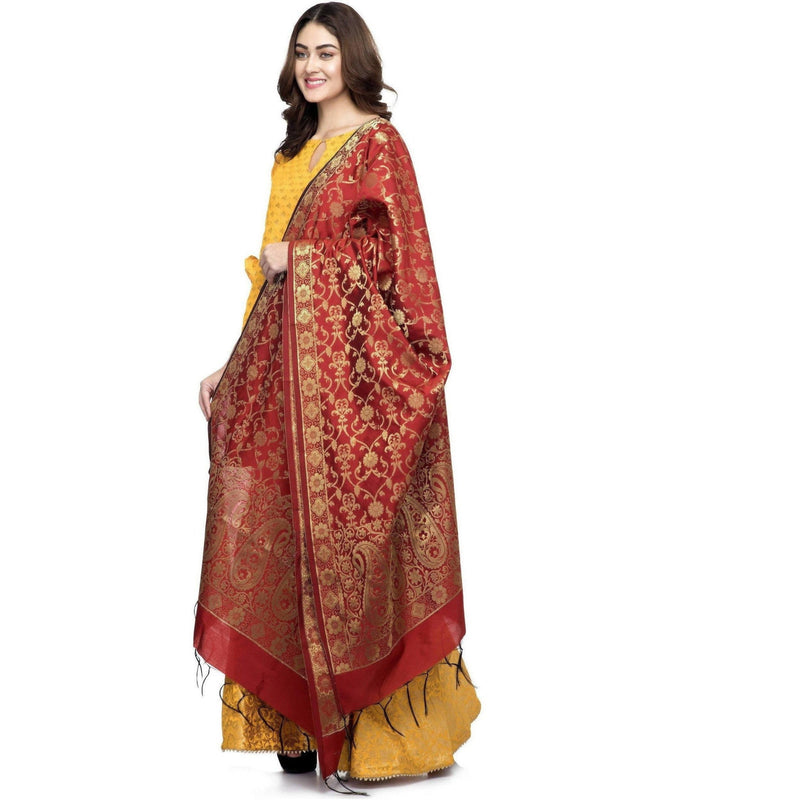 A R Silk Women&#39;s Vanarsi Silk Zari Embroidery Mehroon Fancy Dupatta