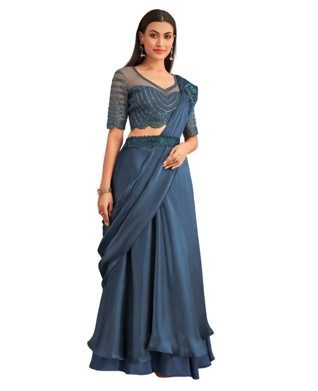 Navy Blue Satin Embroidered Ready To Wear Saree With Unstitched Blouse Piece - Nandika - Distacart