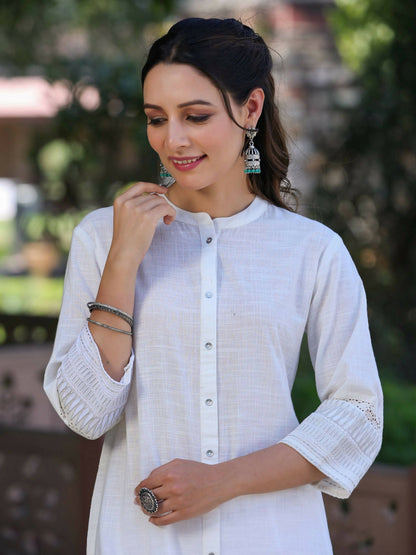 Juniper Women's White Cotton Slub Embroidered Straight Kurta - Distacart