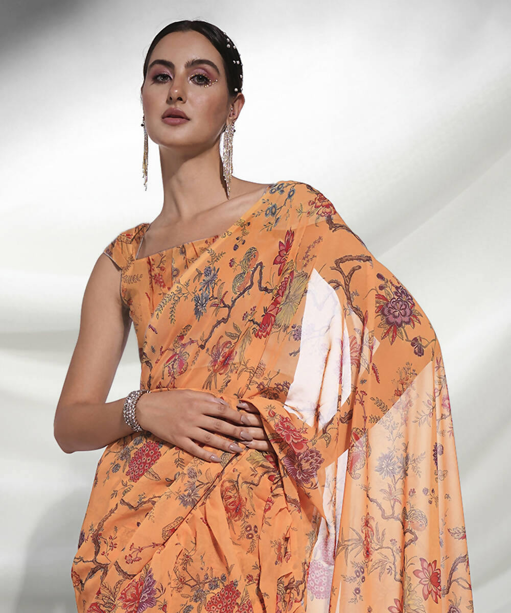 Orange Georgette Floral Printed Saree With Unstitched Blouse Piece - Rajal - Distacart