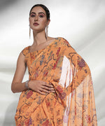 Thumbnail for Orange Georgette Floral Printed Saree With Unstitched Blouse Piece - Rajal - Distacart