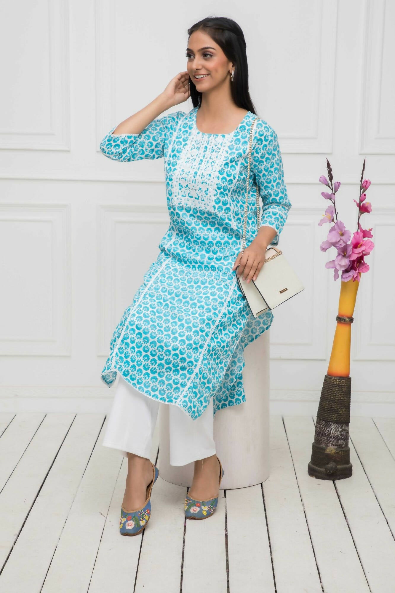 Myshka Blue Women Solid Cotton Straight Round Neck Kurtas - Distacart