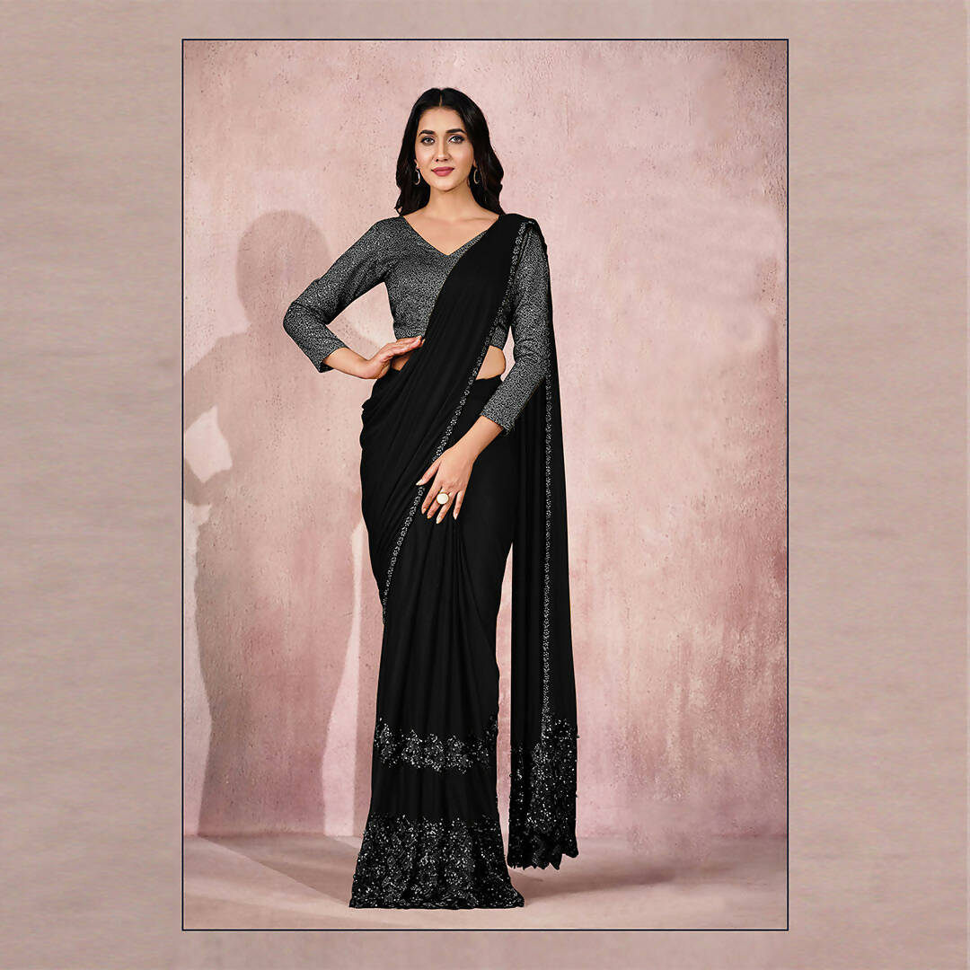 Black Lycra Embroidery Designer Saree With Blouse - Mohmanthan Sitaarah - Distacart