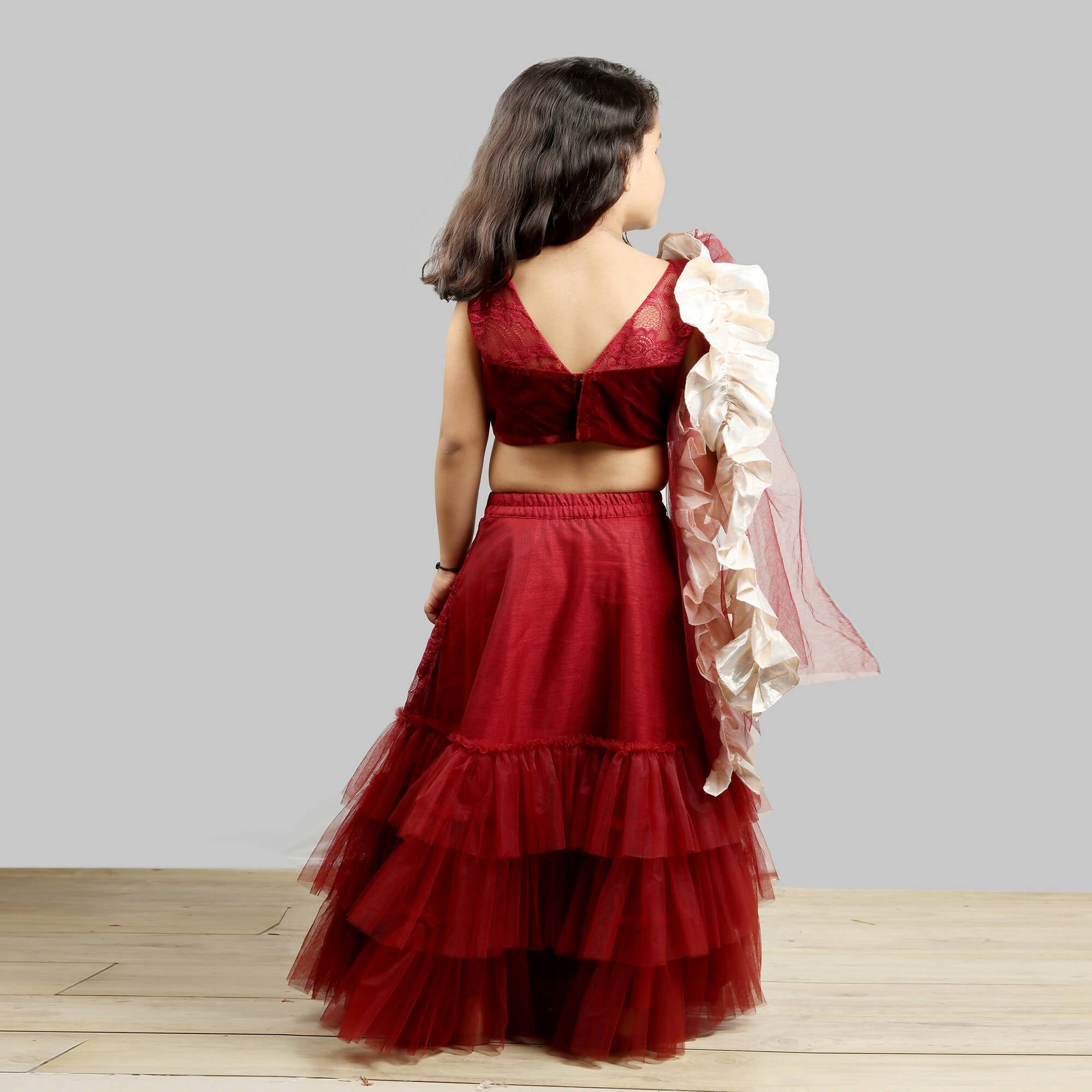 Pink Cow Fashions Velvet Choli With Net Ghagra & Frill Dupatta - Distacart