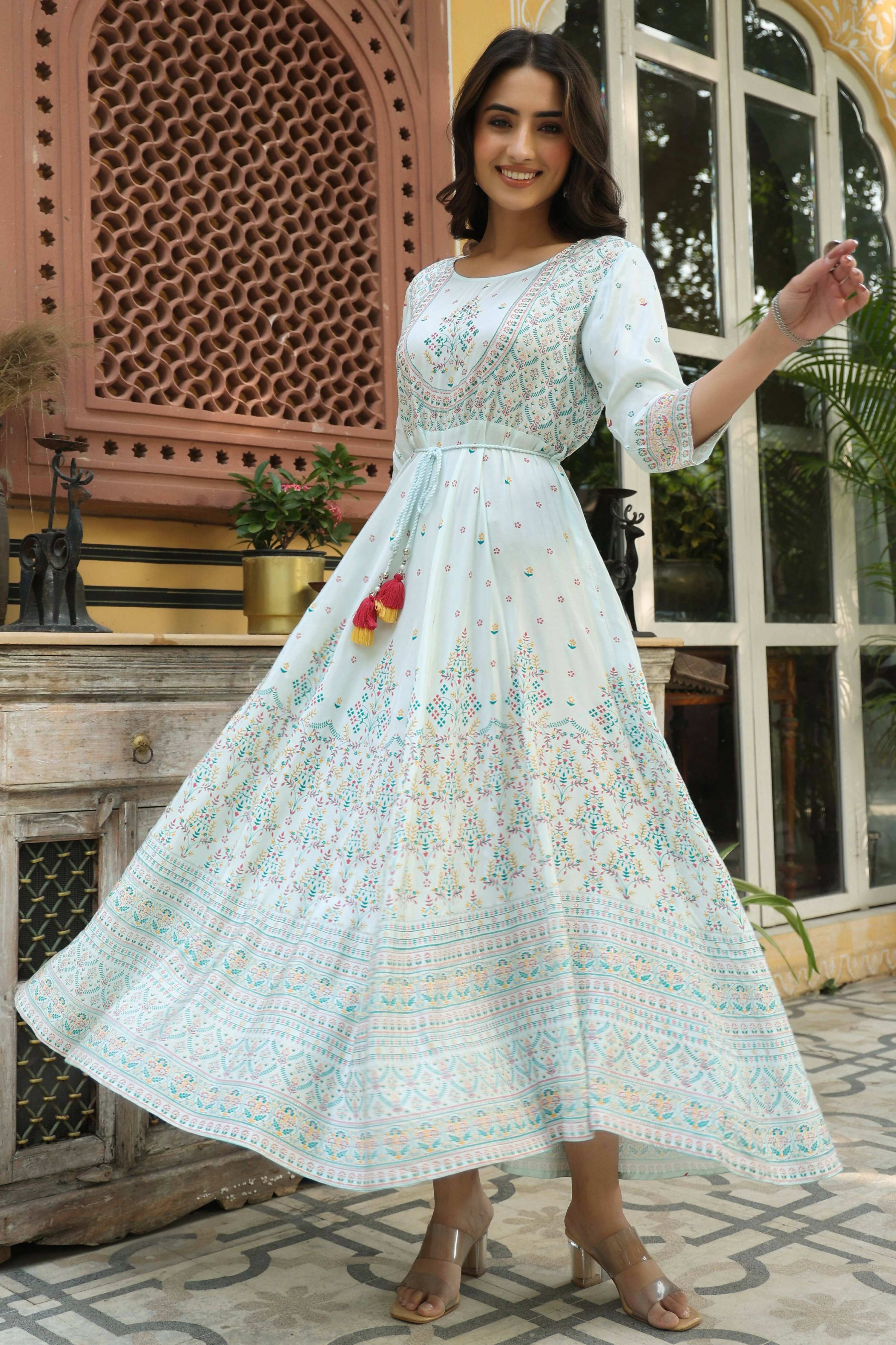 Juniper Women's Skyblue Viscose Shantoon Festive Printed Flared Dress - Distacart
