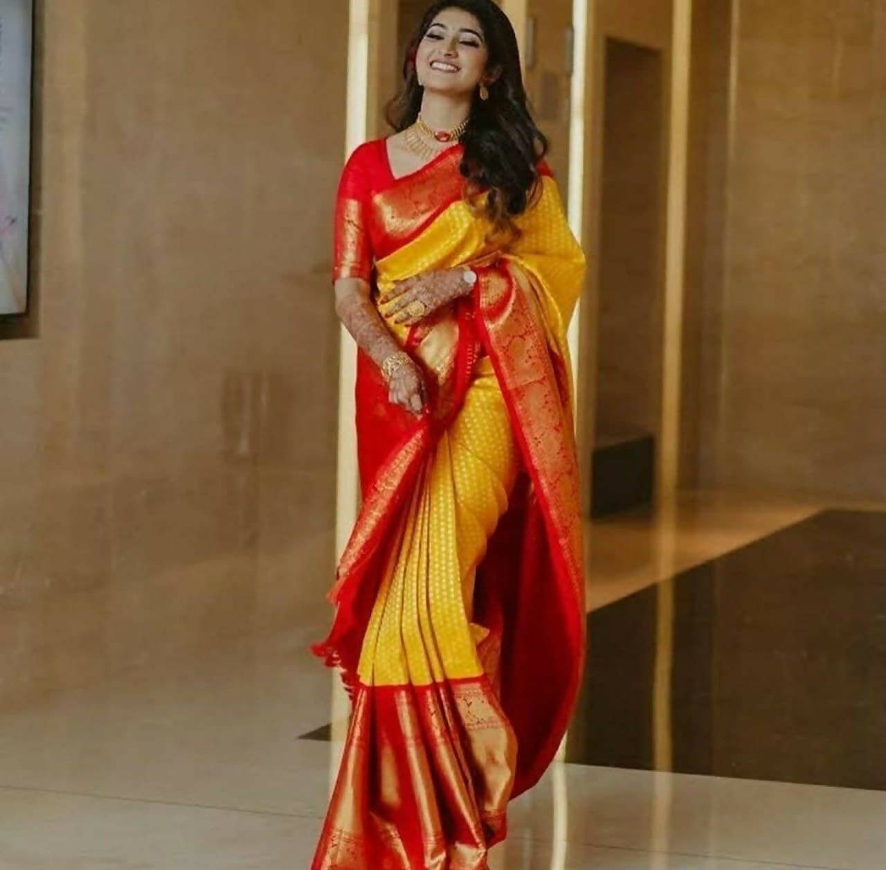 DEIANA'S Beautiful Golden Jari with New Design Soft Lichi Silk Saree - Yellow - Distacart
