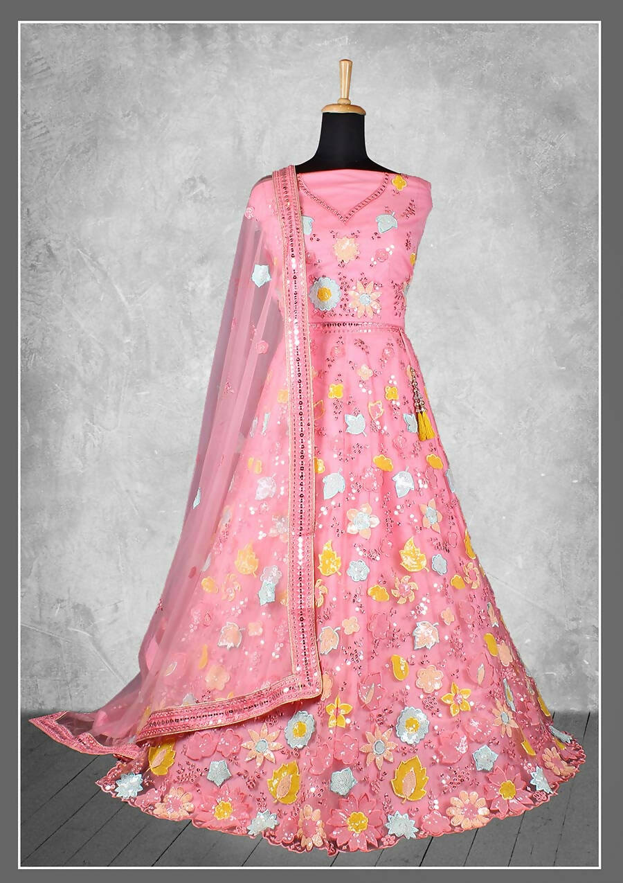 Pink Net, Satin Silk Cord And Sequins Floral Embroidery Semi-Stitched Lehenga Choli - Nimaya Kangan - Distacart