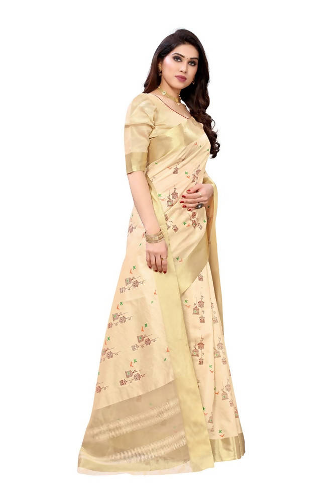 Vamika Cream Color Cotton Polyester Silk Weaving Saree