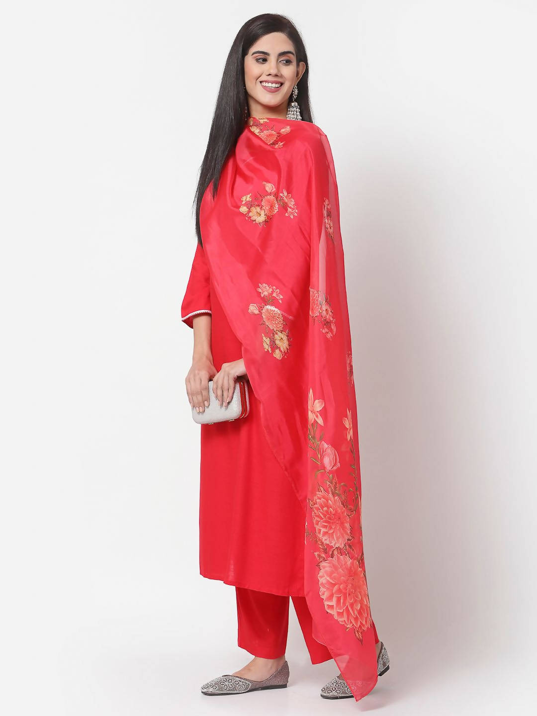 Myshka Red Cotton Solid 3/4 Sleeve Square Neck Casual Kurta Pant Dupatta Set