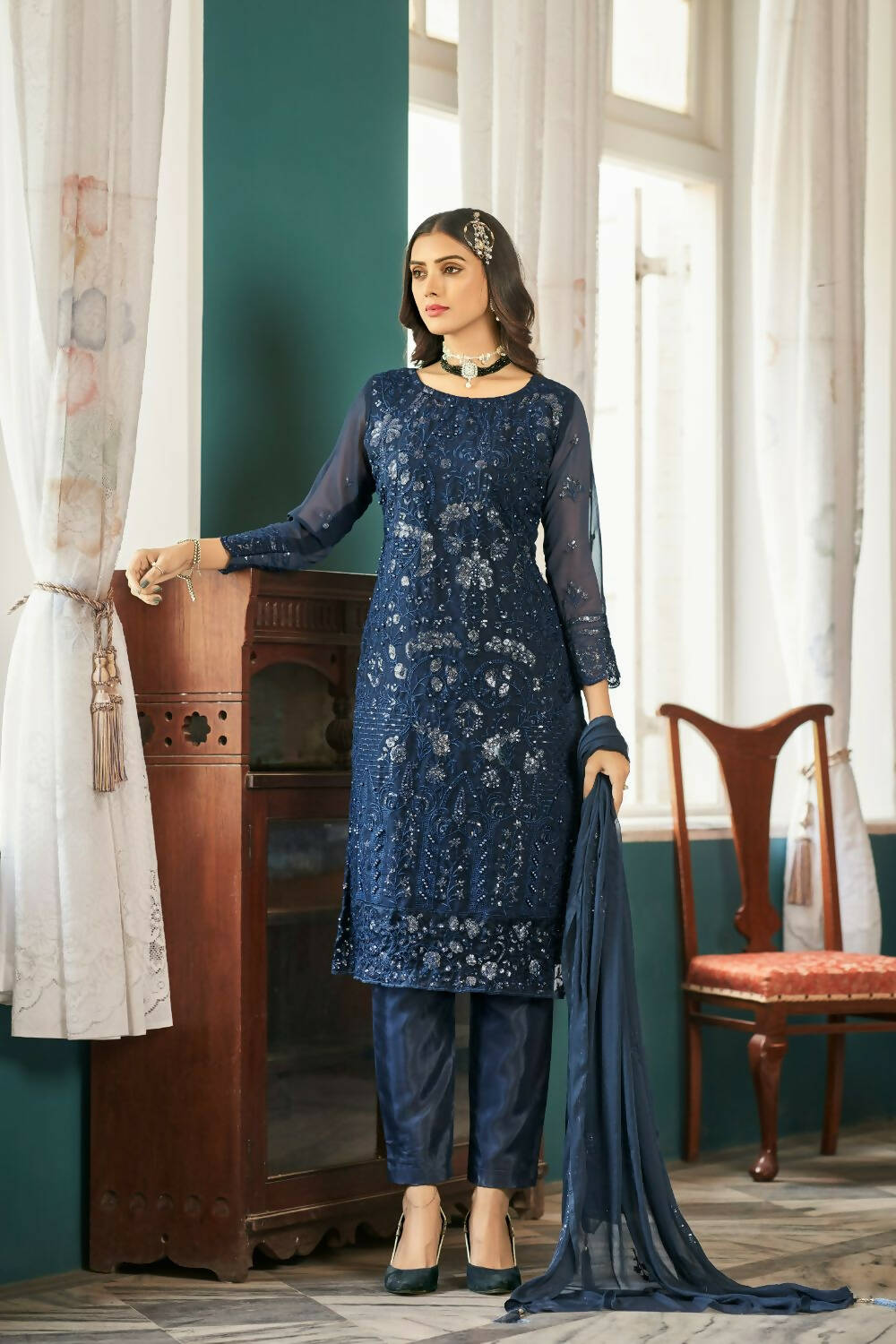 Blue Heavy Faux Georgette Embroidered Semi Stitched Suit - Dhvani - Distacart