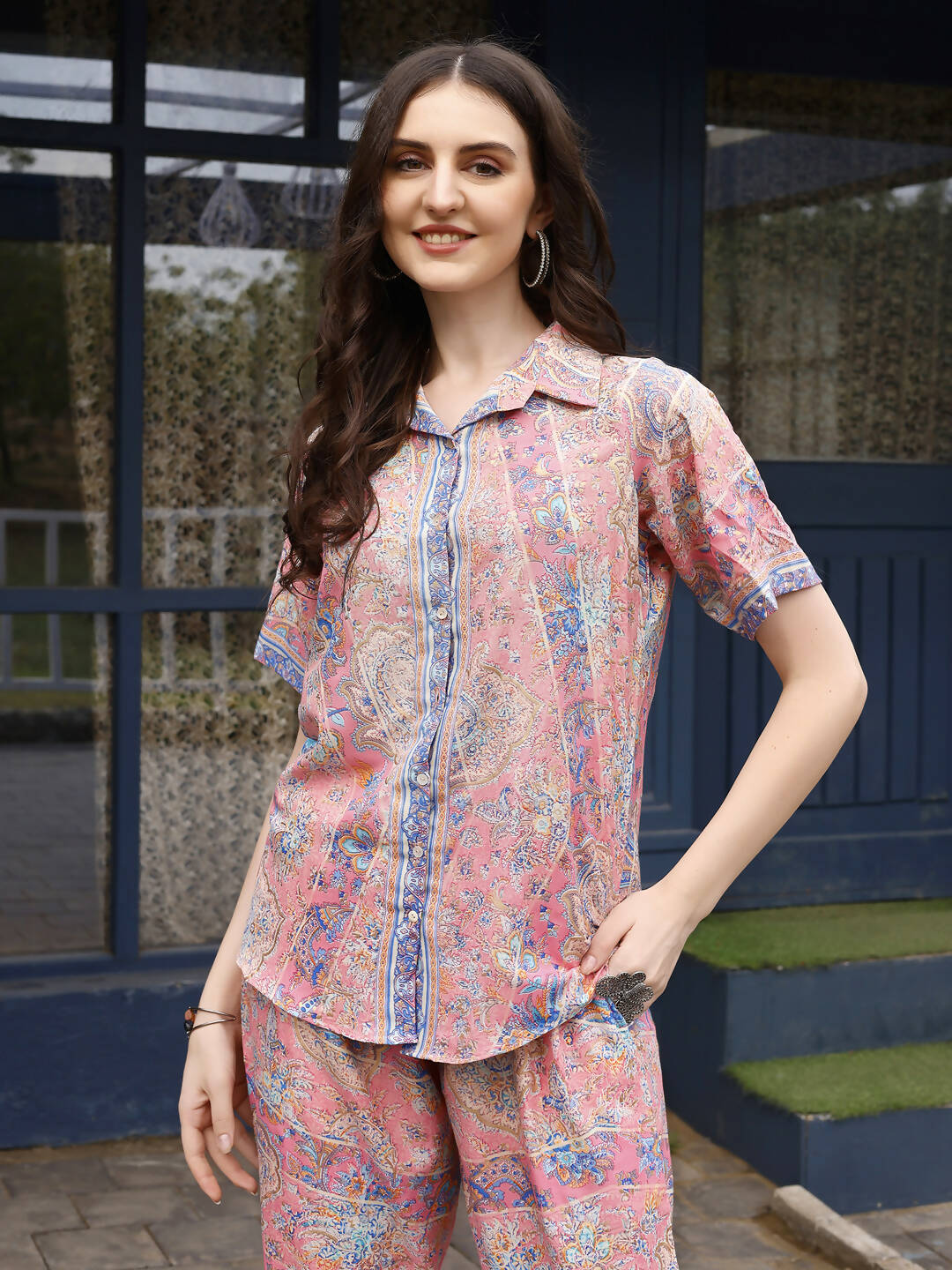Pink Rayon Floral Printed Top with Matching Bottom - Eesha - Distacart