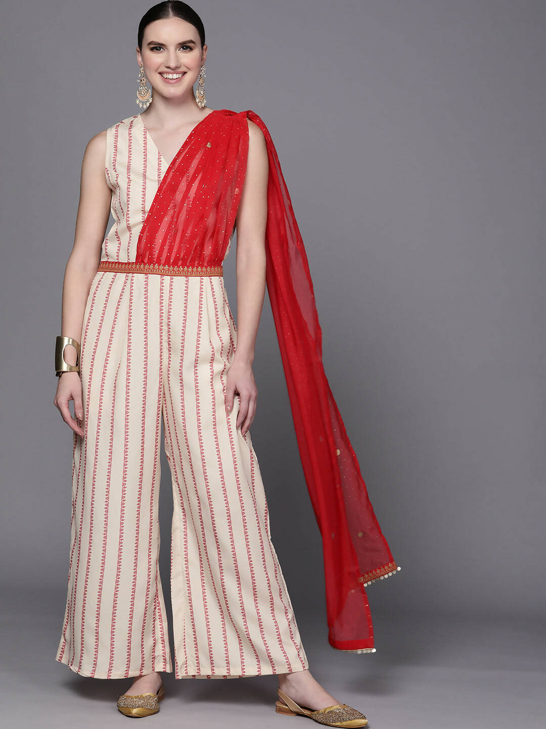 Ahalyaa Off White & Red Printed Basic Jumpsuit - Distacart