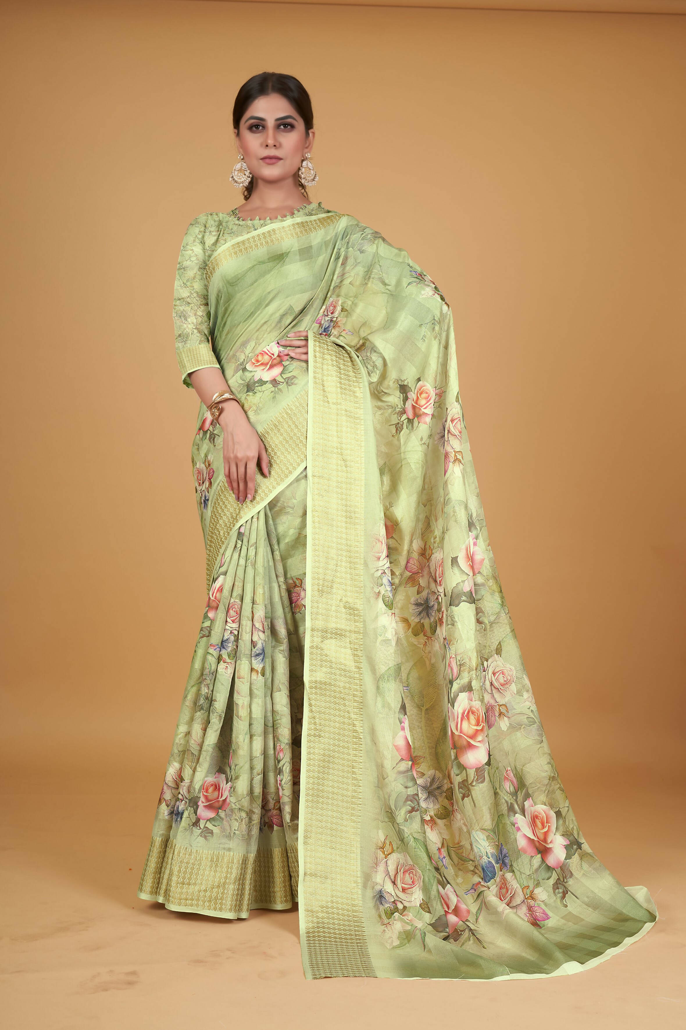 Green Cotton Silk Digital Printed Saree With Unstitched Blouse Piece - Alisha - Distacart