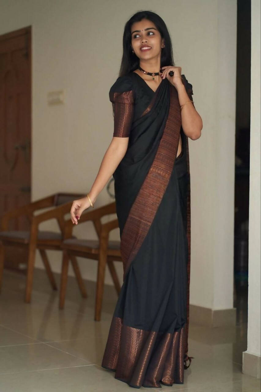 DEIANA'S Beautiful Golden Jari with New Design Soft Lichi Silk Saree - Black - Distacart