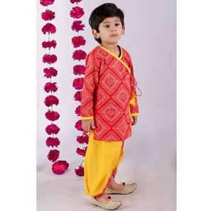 Little Bansi Red and yellow Color Jaipuri Ambi Angrakha Kurta with Dhoti