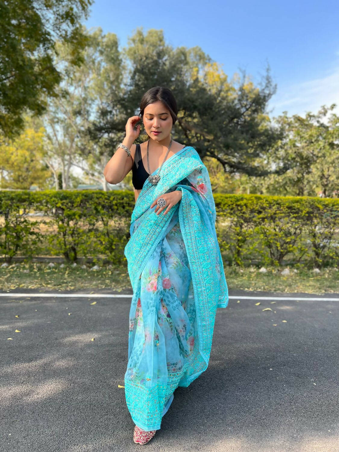 Vastrasky Sky Blue Organza Saree - Distacart