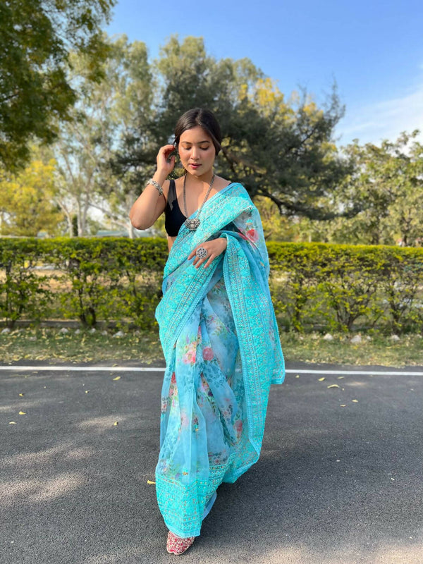 Vastrasky Sky Blue Organza Saree - Distacart