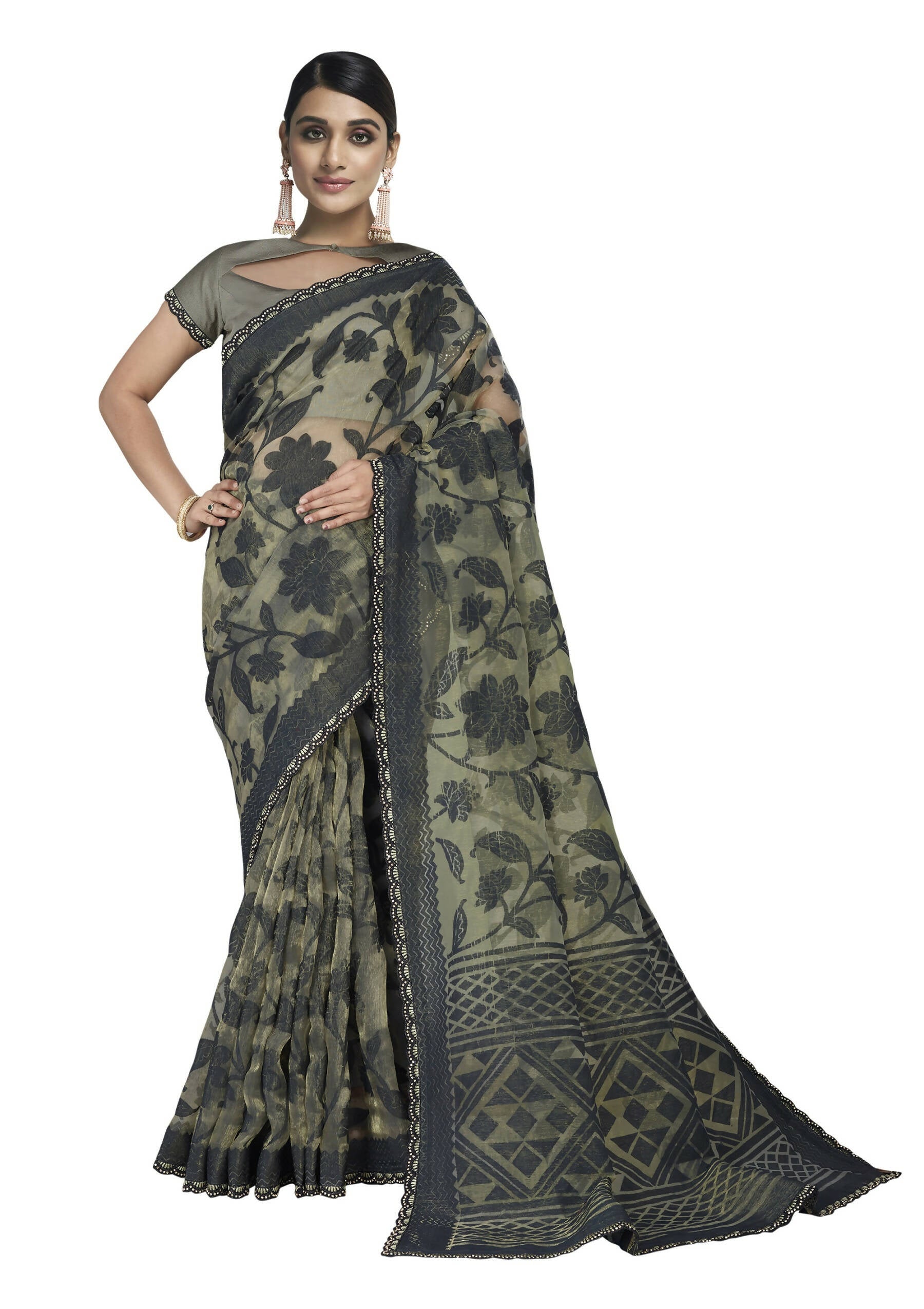 Green Weaved Zari Tissue Floral Saree With Blouse Piece - Norita Avyaan - Distacart