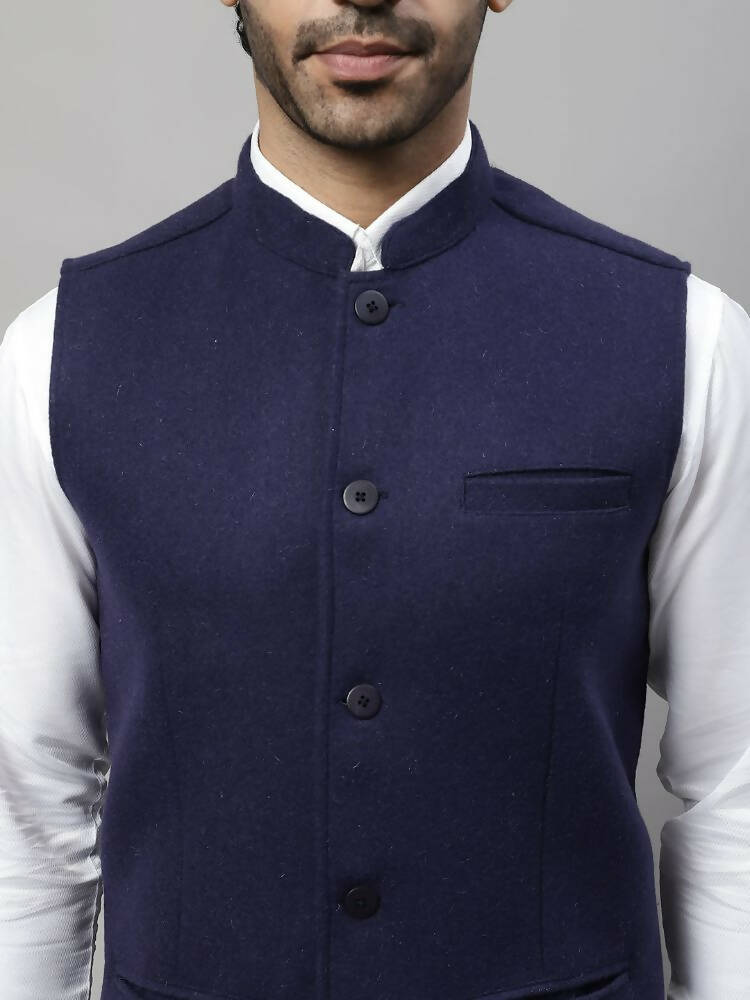 Even Apparels Pure Wool Nehru Jacket - Navy - Distacart
