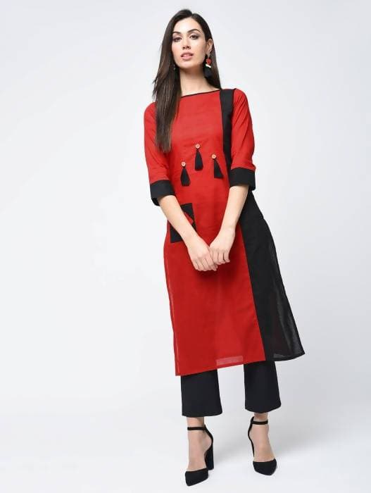 Aniyah Cotton Red Color Stylish Block Straight Kurta (AN-107K)