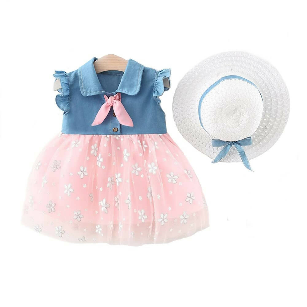 Bold N Elegant Cap Sleeve Denim Embroidered Midi Party Dress Frock with Hat Dress - Floral Pink - Distacart