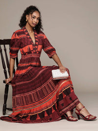 Thumbnail for Ritu Kumar Women Orange & Rust Red Striped Ethnic Tiered A-Line Midi Dress - Distacart