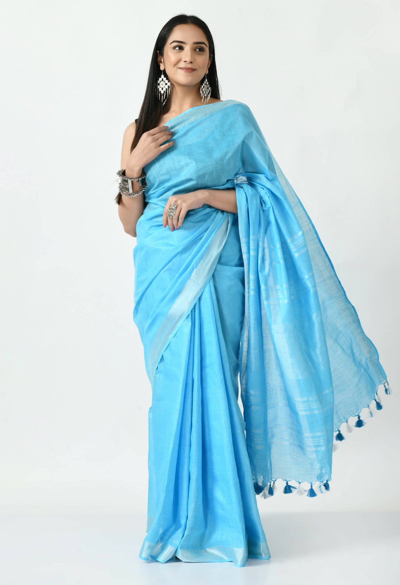 Mominos Fashion Moeza Sky Blue Bhagalpuri Handloom Silk Linen Saree with unstitched Blouse piece - Distacart