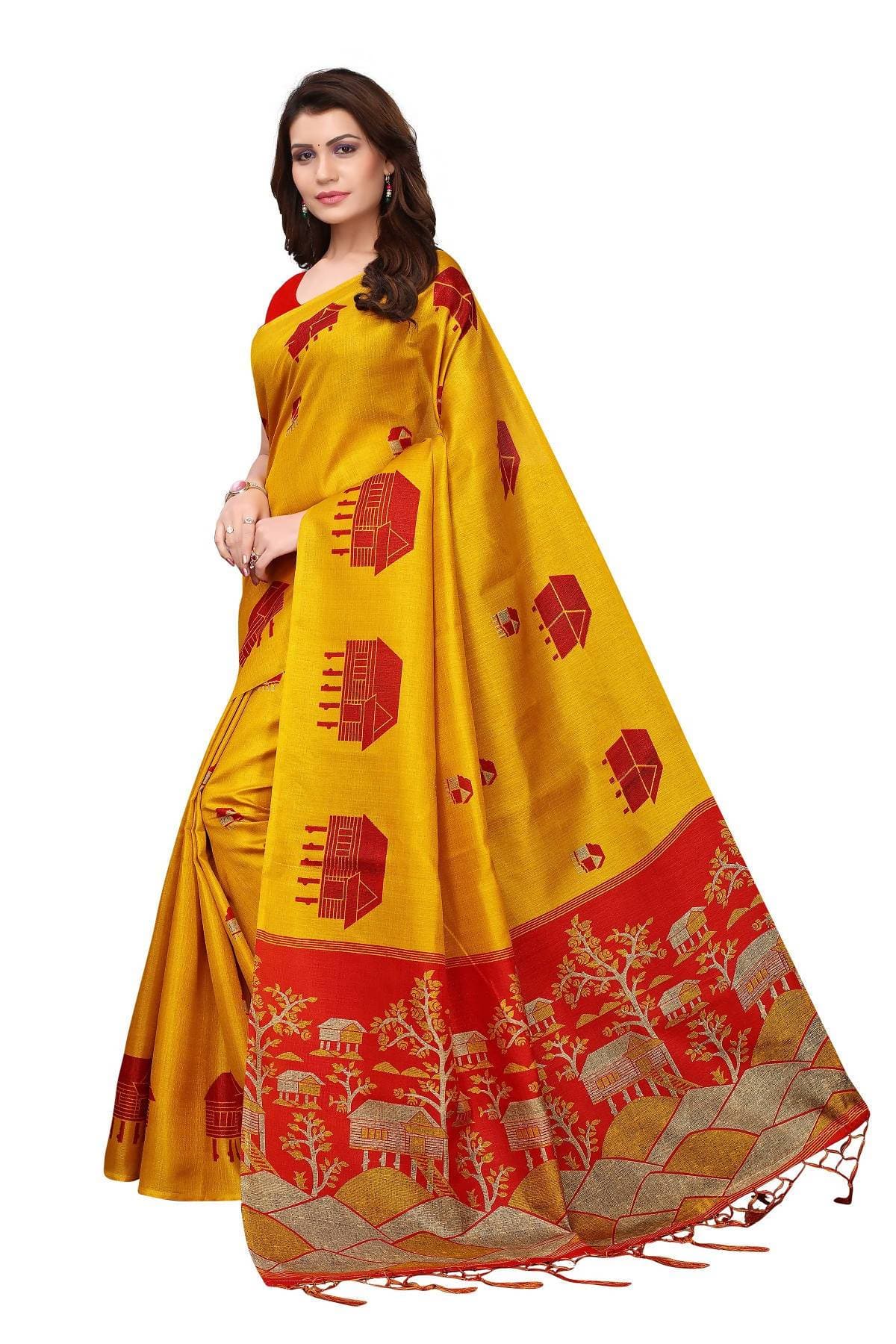Vamika Latest Fashion Yellow & Red Kalamkari With Jhalar Khadi Silk Saree