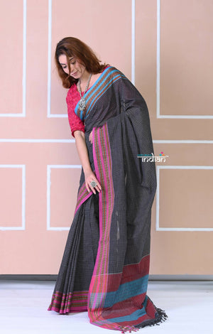 Very Much Indian Traditional Patteda Anchu Ilkal Handloom Saree-Black With Blue And Pink Border - Distacart