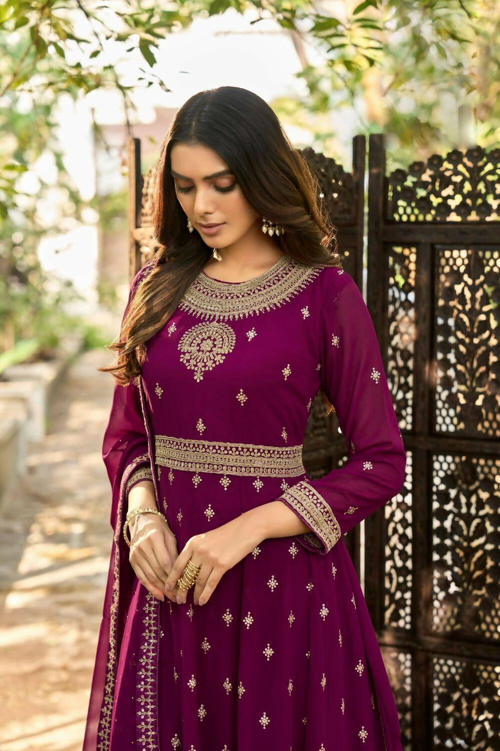 Wine Heavy Faux Georgette Anarkali Embroidered Kurta Set - Dhvani - Distacart
