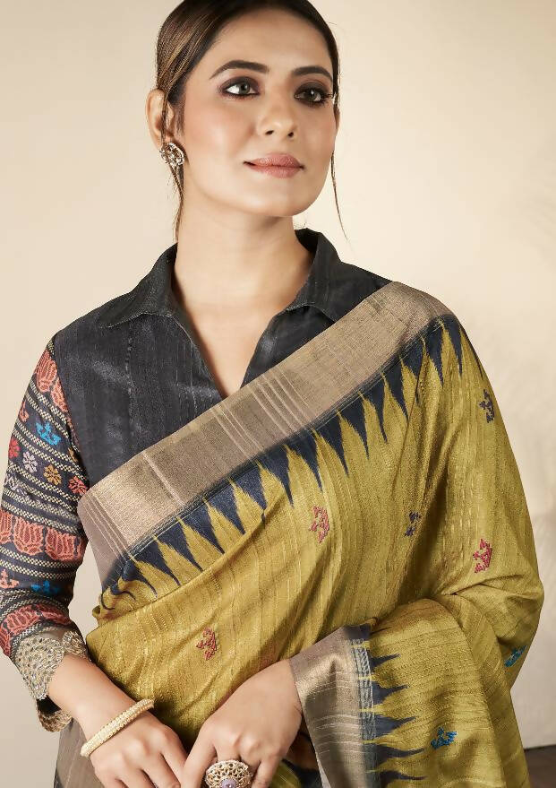 Olive Green Bhagalpuri Silk Paisley Print with Hand Mirror work Border Saree - Norita Nirvi - Distacart