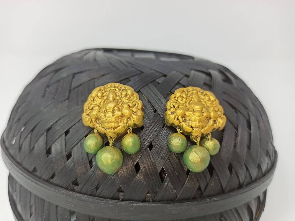 Terracotta Lakshmi Devi Studs With Dangles-Golden Green