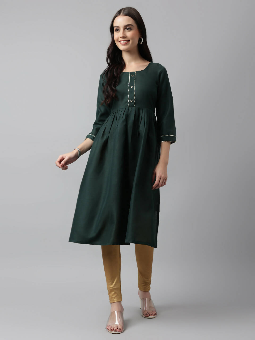 Green Poly Cotton Solid Nayra Cut Kurta - Tirtha - Distacart